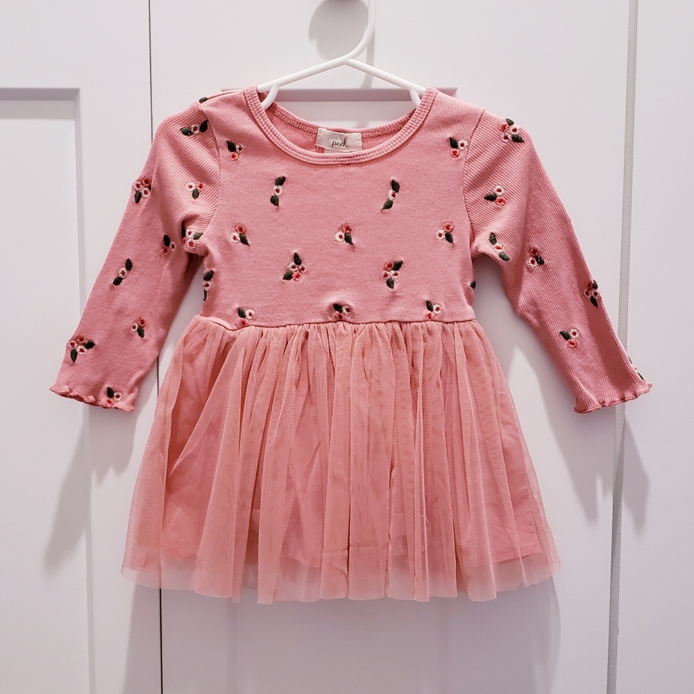 0 PEEK ESSENTIALS Floral Long Sleeve Tulle Dress, Peach, Baby Girls 6-12 months
